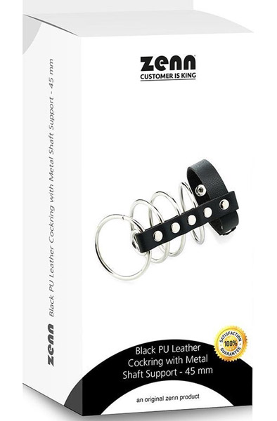 Black Artificial Leather Cockring With Metal Shaft Support 45mm - Peniskäfig 2