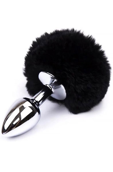 Black Faux Fur Rabbit Tail Stainless Plug S - Analplug in Tierform 1