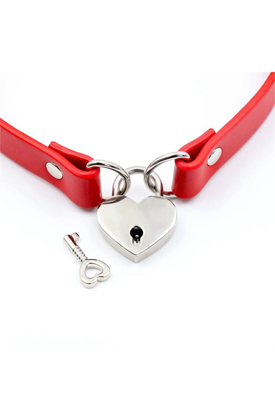 Collar With Heart Lock Vegan Leather Red - BDSM Choker 2
