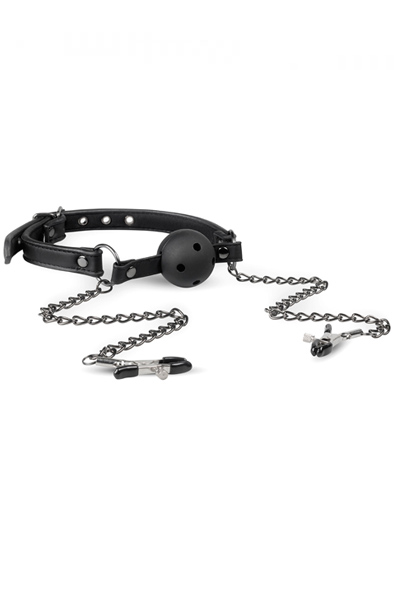 Easytoys Open Ball Gag With Nipple Clamps - Knebelball mit Brustklammern 1