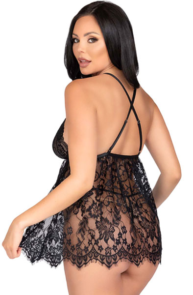 Floral Spitzen-Babydoll & String Schwarz - Babydoll-Dessous 2