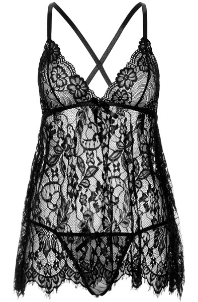 Floral Spitzen-Babydoll & String Schwarz - Babydoll-Dessous 3
