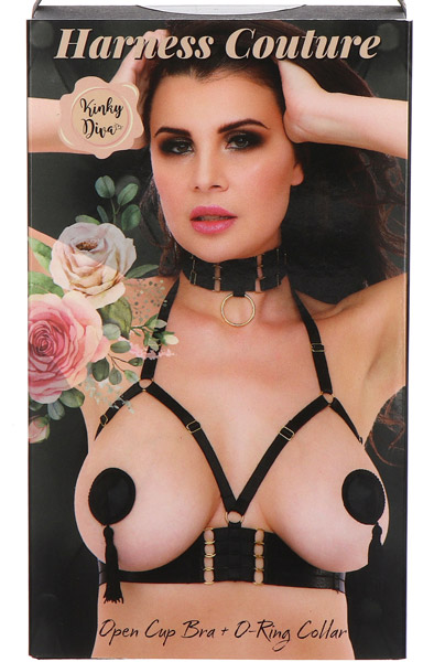 Kinky Diva Open Cup Bra + O-Ring Collar XS-L - Bondage sele 4