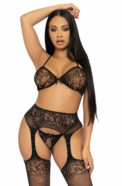 Leg Avenue BH-Top, String & Strümpfe Schwarz - Sexy Dessous 1