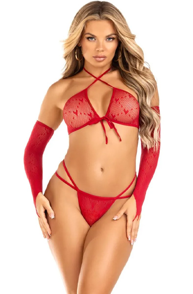 Leg Avenue Crop Top, G-String & Handschuhe Rot - BH & BH-Set 1