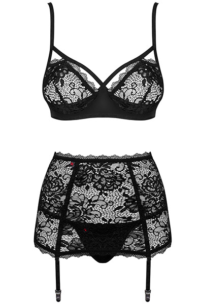 Obsessive Peonesia 3-pcs Set Black - Sexy lingerie 3