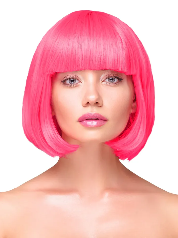 Party Wig Short Straight Hair Neon Pink - Wig 1 [full]