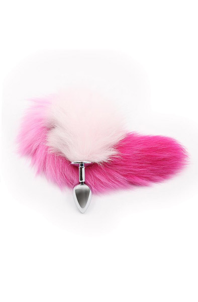 Pink & White Faux Tail With Stainless Plug S - Analplug in Tierform 2