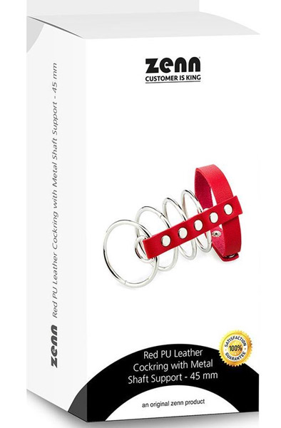 Red Artificial Leather Cockring With Metal Shaft Support 45mm - Peniskäfig 2