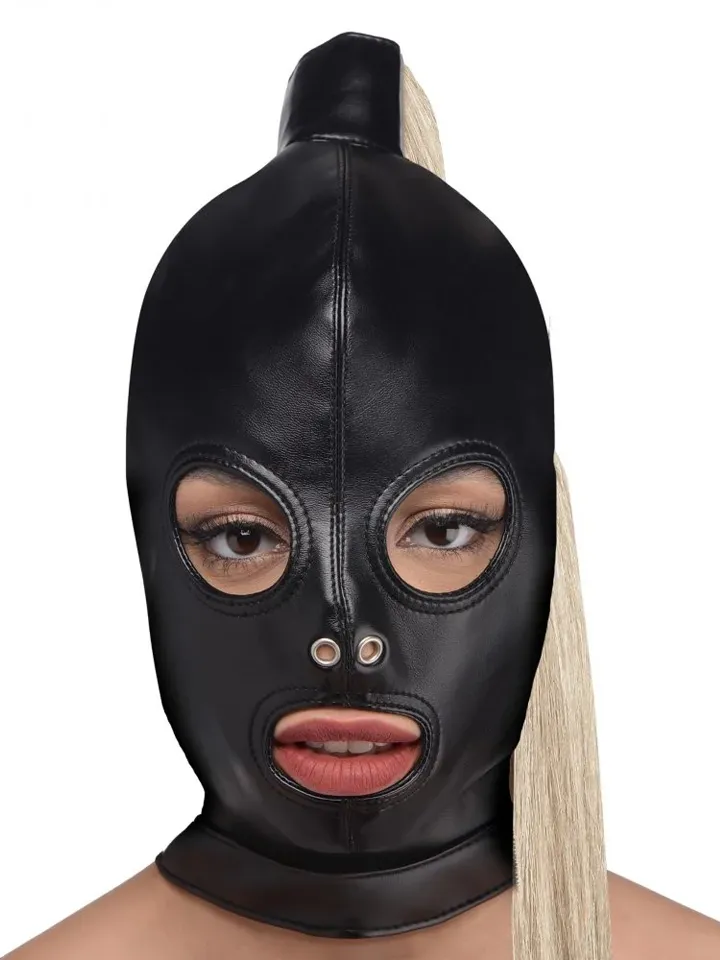 Strict Blonde Ponytail Bondage Hood Black - BDSM mask 1 [full]