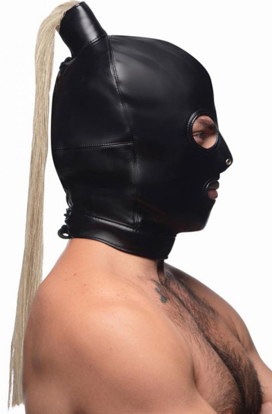 Strict Blonde Ponytail Bondage Hood Black - BDSM mask 3