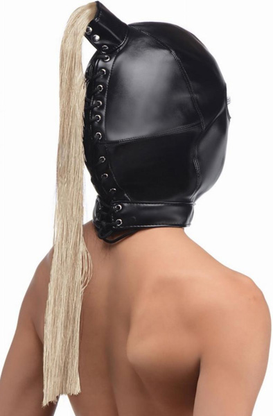 Strict Blonde Ponytail Bondage Hood Black - BDSM mask 4